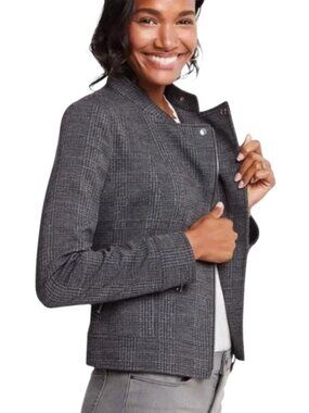 Ann Taylor Moto Zip Front Blazer Gray Glen Plaid